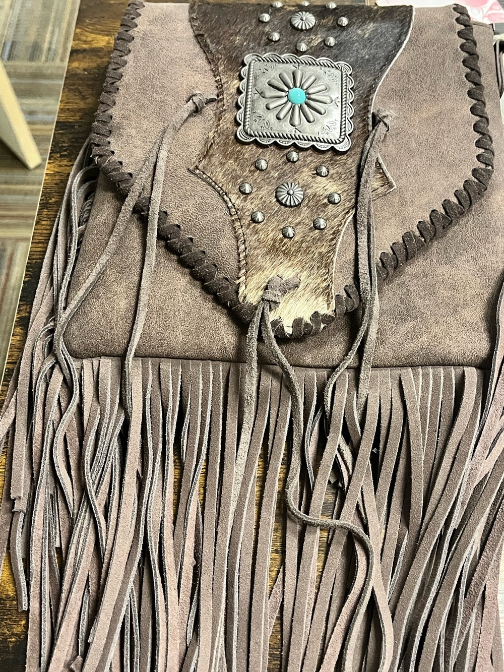 Trinity Ranch Coffee Fringed Suede Crossbody Bag with Turquoise Accent - Brown